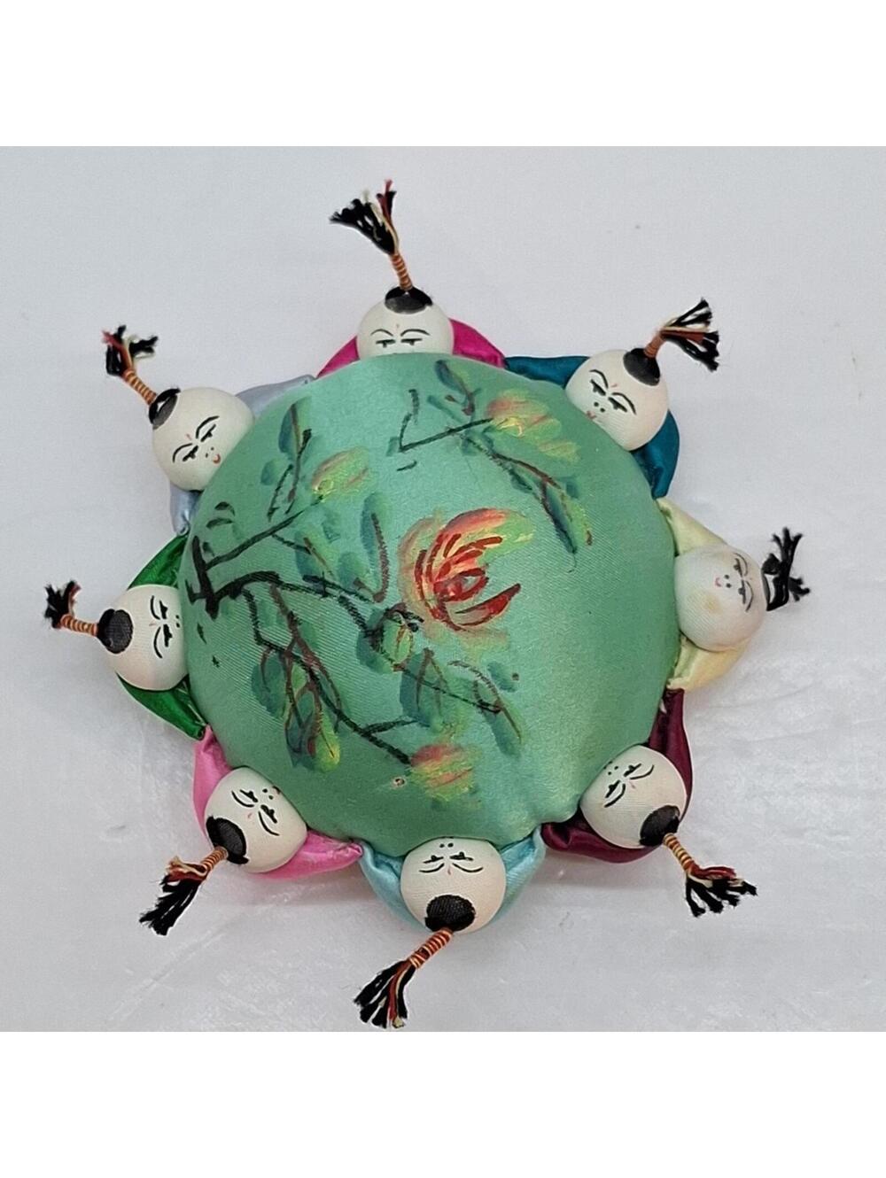 Oriental Satin Sewing Pin Cushion Green with 8 Sumo Babies Holding Hands